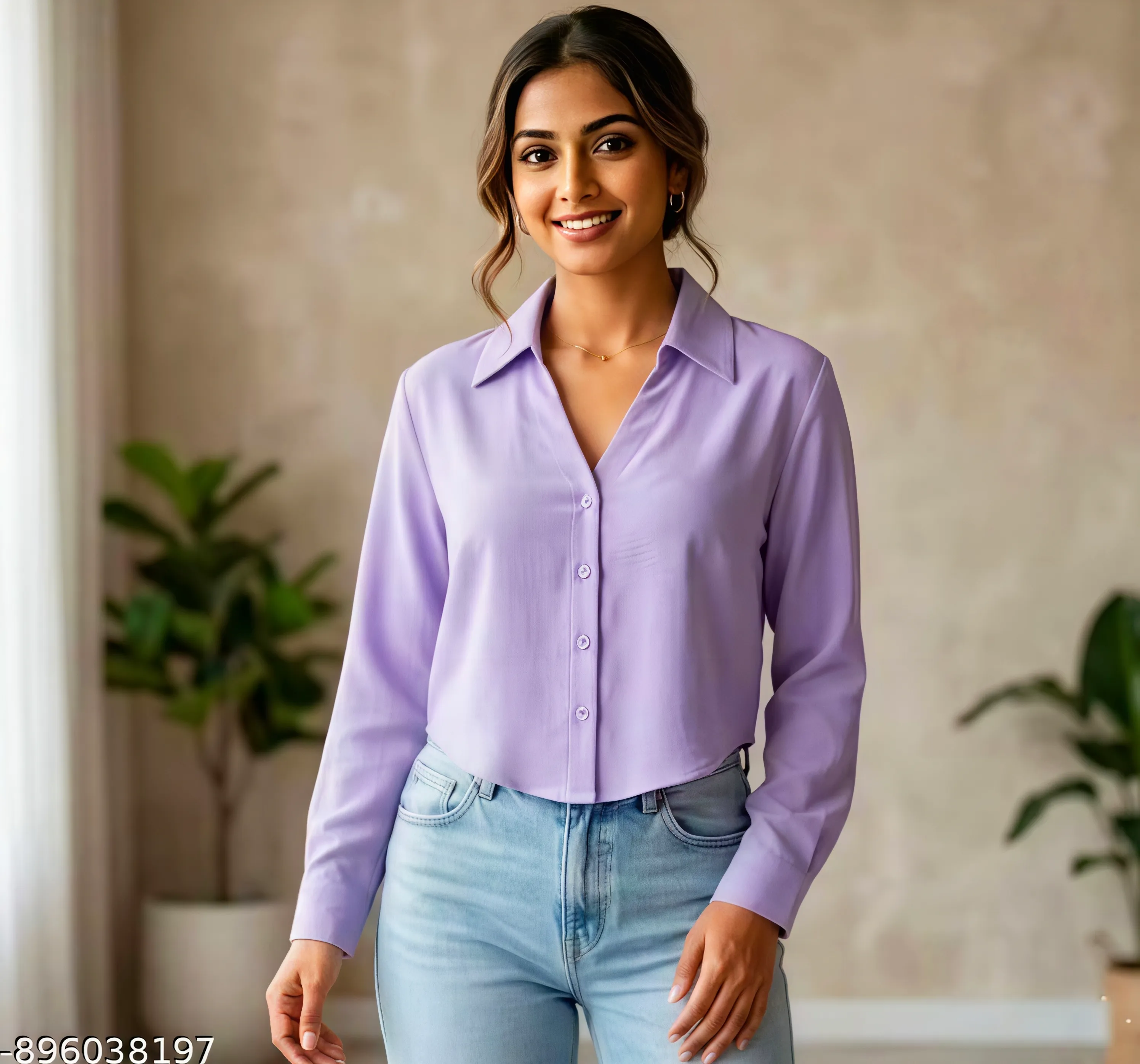 Premium Lavender Crepe Casual Shirt for Women - Chic Back-Detailing & Regular Fit